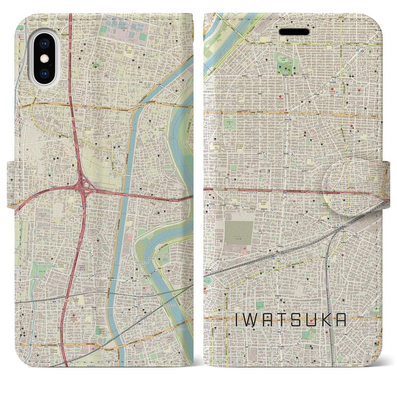 【岩塚】地図柄iPhoneケース（手帳両面タイプ・ナチュラル）iPhone XS Max 用