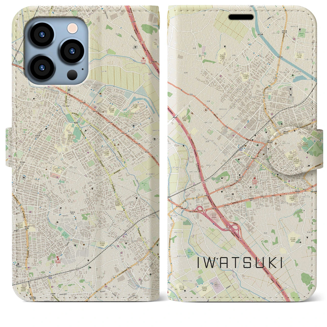 【岩槻】地図柄iPhoneケース（手帳両面タイプ・ナチュラル）iPhone 13 Pro Max 用