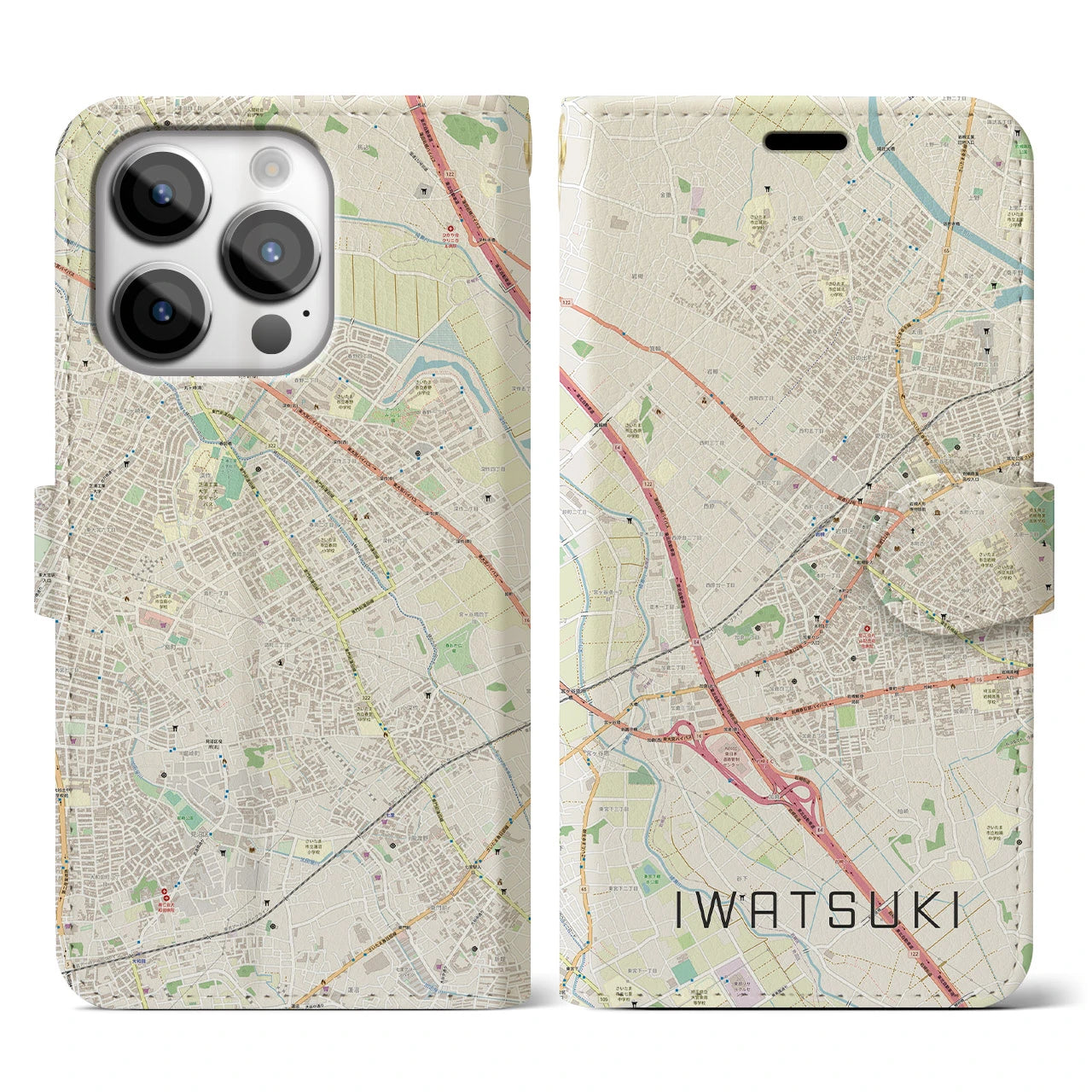 【岩槻】地図柄iPhoneケース（手帳両面タイプ・ナチュラル）iPhone 14 Pro 用