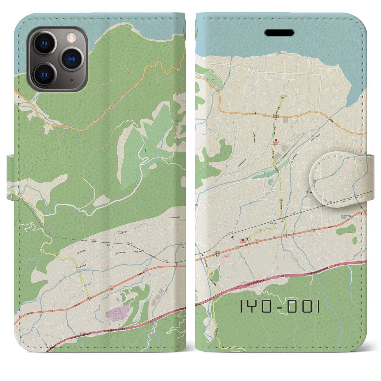 【伊予土居】地図柄iPhoneケース（手帳両面タイプ・ナチュラル）iPhone 11 Pro Max 用