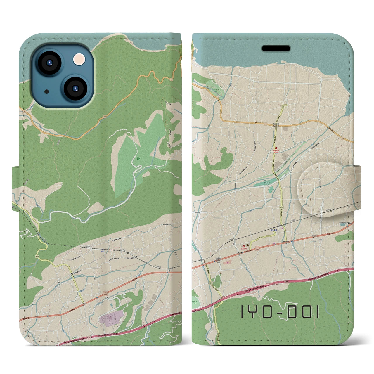 【伊予土居】地図柄iPhoneケース（手帳両面タイプ・ナチュラル）iPhone 13 用