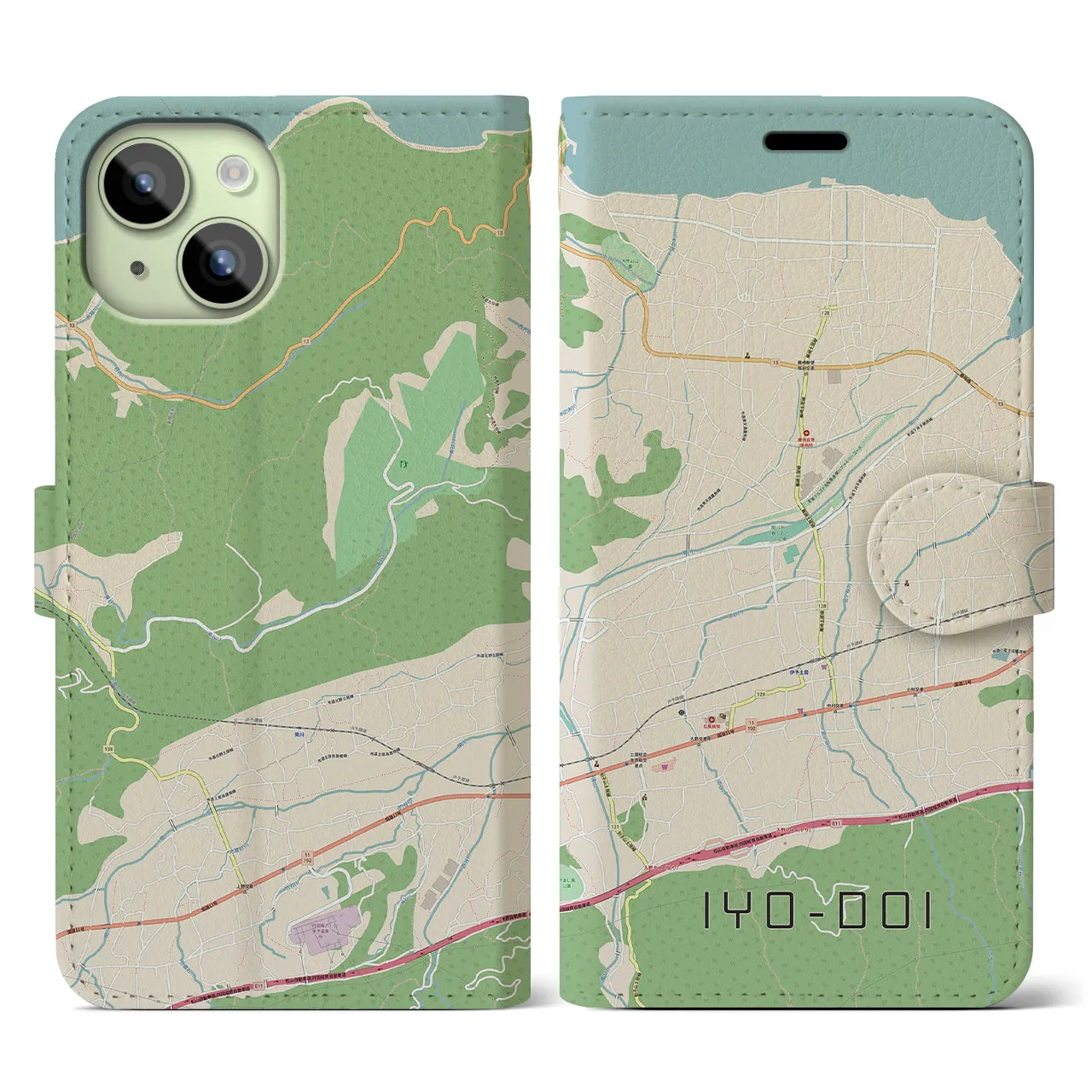 【伊予土居】地図柄iPhoneケース（手帳両面タイプ・ナチュラル）iPhone 15 用