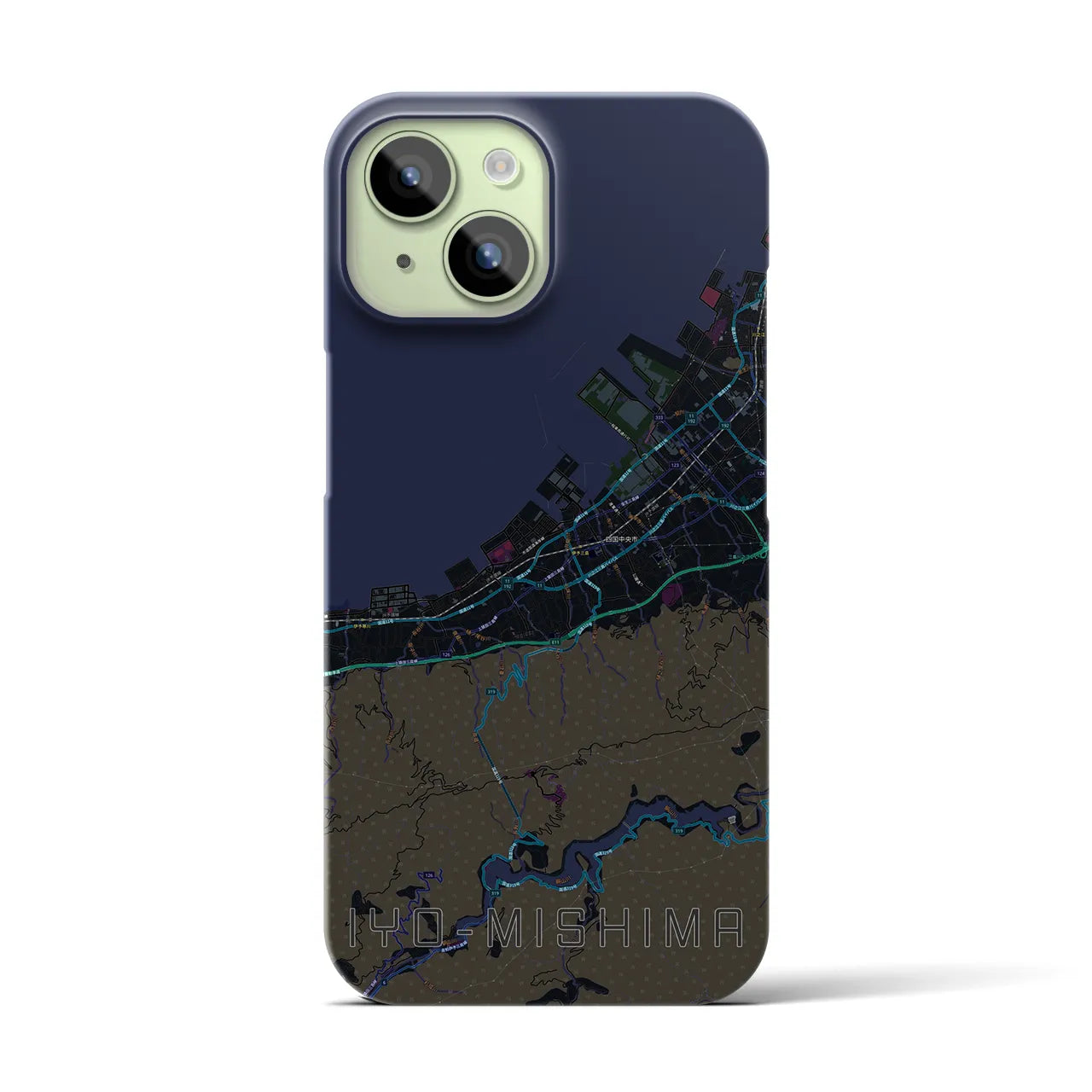 【伊予三島】地図柄iPhoneケース（バックカバータイプ・ブラック）iPhone 15 用