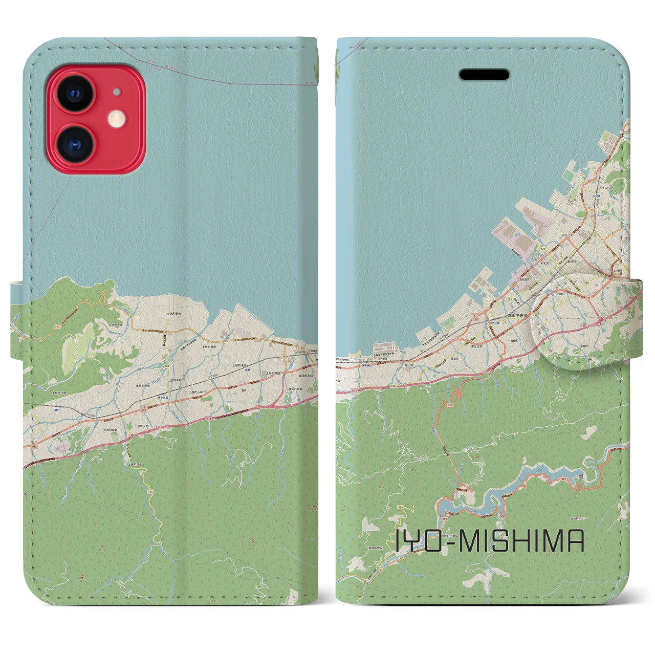 【伊予三島】地図柄iPhoneケース（手帳両面タイプ・ナチュラル）iPhone 11 用