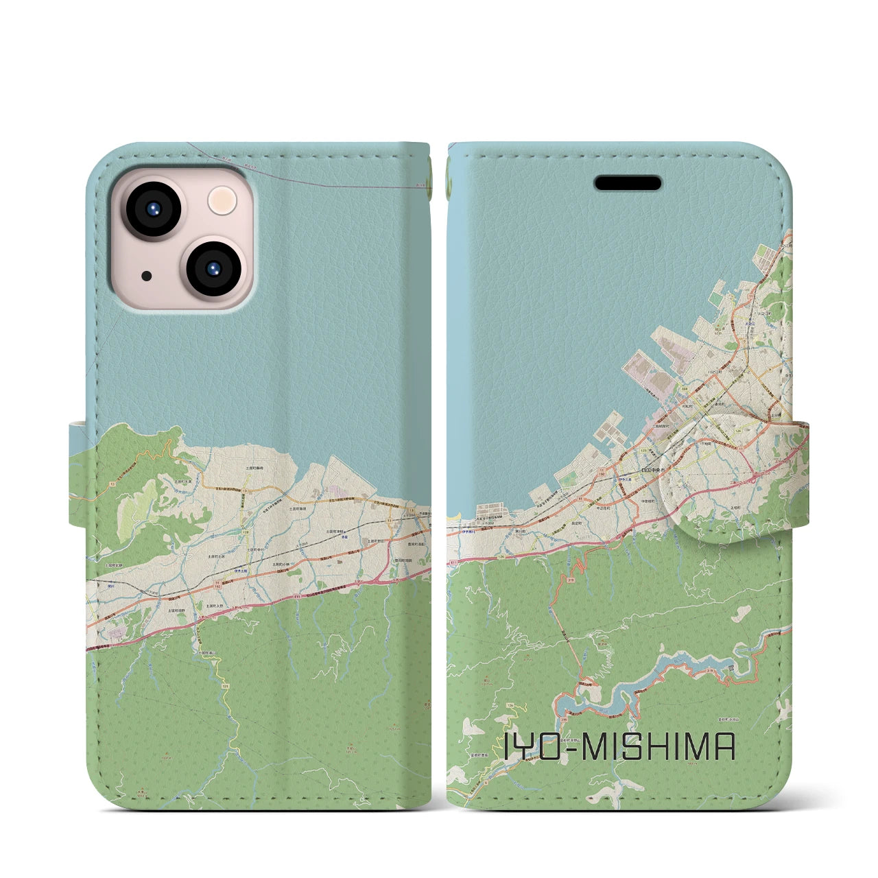 【伊予三島】地図柄iPhoneケース（手帳両面タイプ・ナチュラル）iPhone 13 mini 用