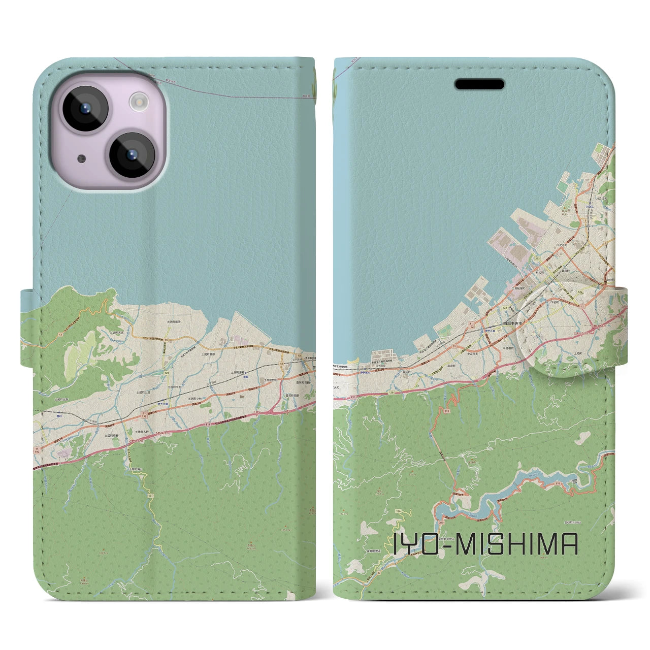 【伊予三島】地図柄iPhoneケース（手帳両面タイプ・ナチュラル）iPhone 14 用