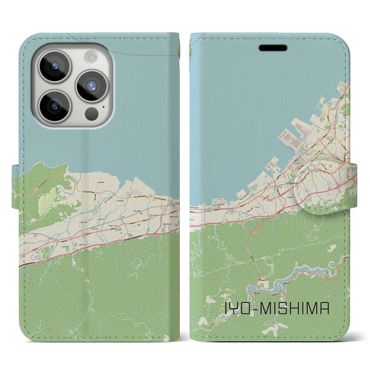 【伊予三島】地図柄iPhoneケース（手帳両面タイプ・ナチュラル）iPhone 15 Pro 用