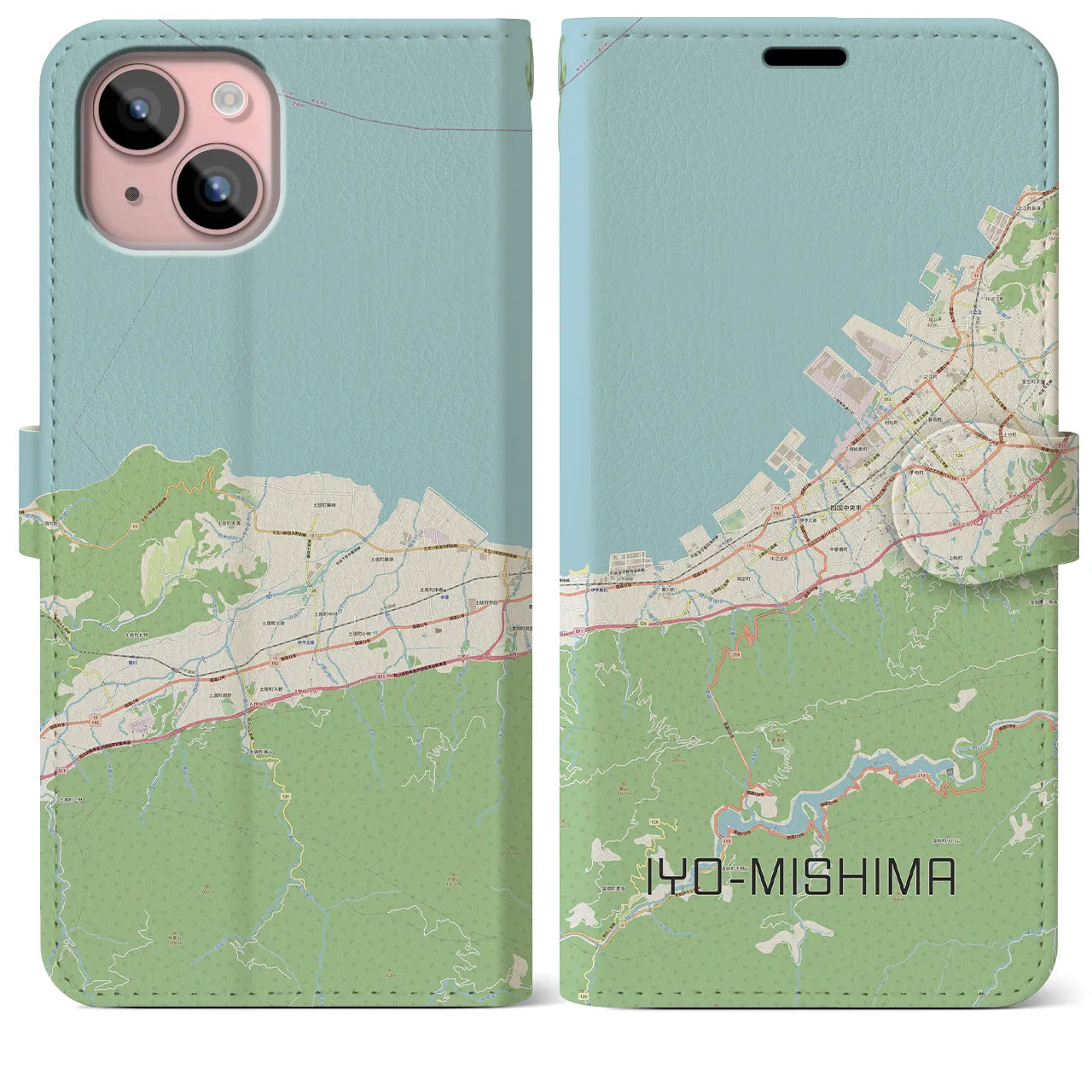 【伊予三島】地図柄iPhoneケース（手帳両面タイプ・ナチュラル）iPhone 15 Plus 用
