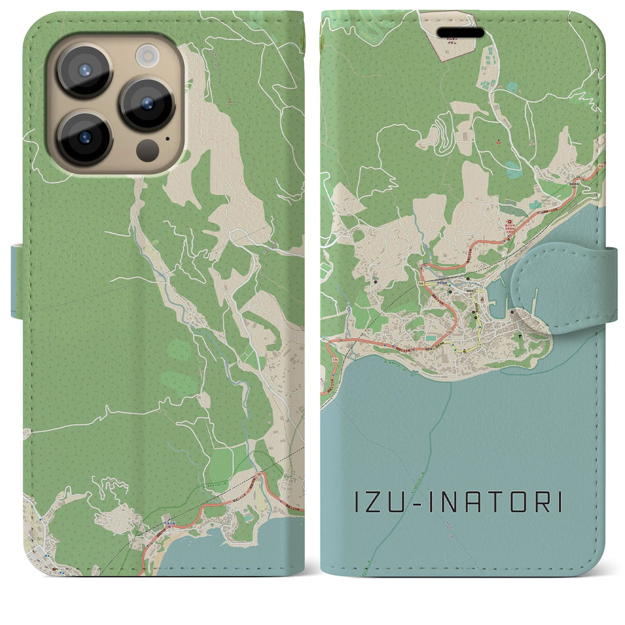 【伊豆稲取】地図柄iPhoneケース（手帳両面タイプ・ナチュラル）iPhone 14 Pro Max 用