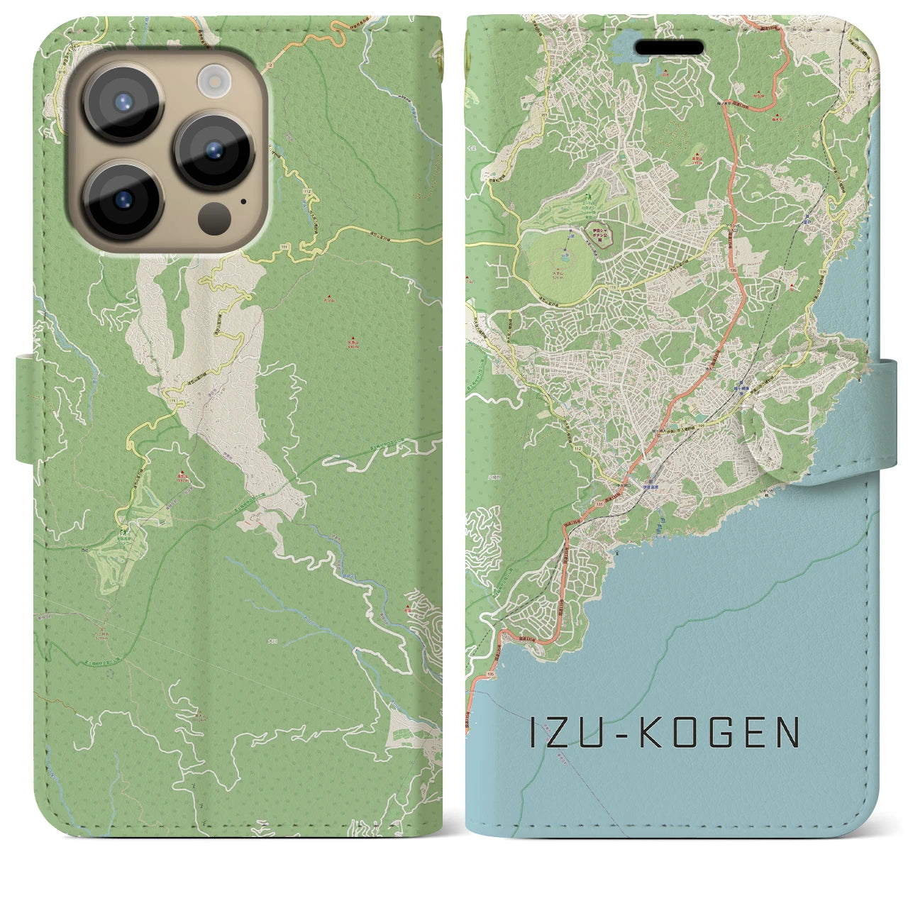 【伊豆高原】地図柄iPhoneケース（手帳両面タイプ・ナチュラル）iPhone 14 Pro Max 用