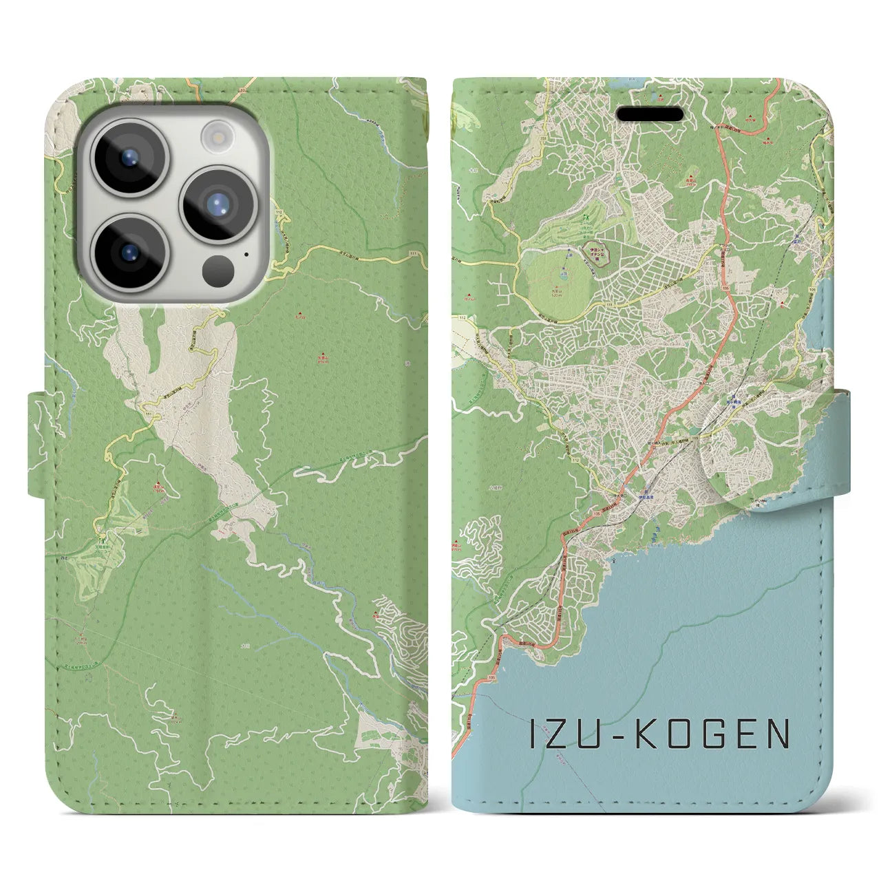 【伊豆高原】地図柄iPhoneケース（手帳両面タイプ・ナチュラル）iPhone 15 Pro 用