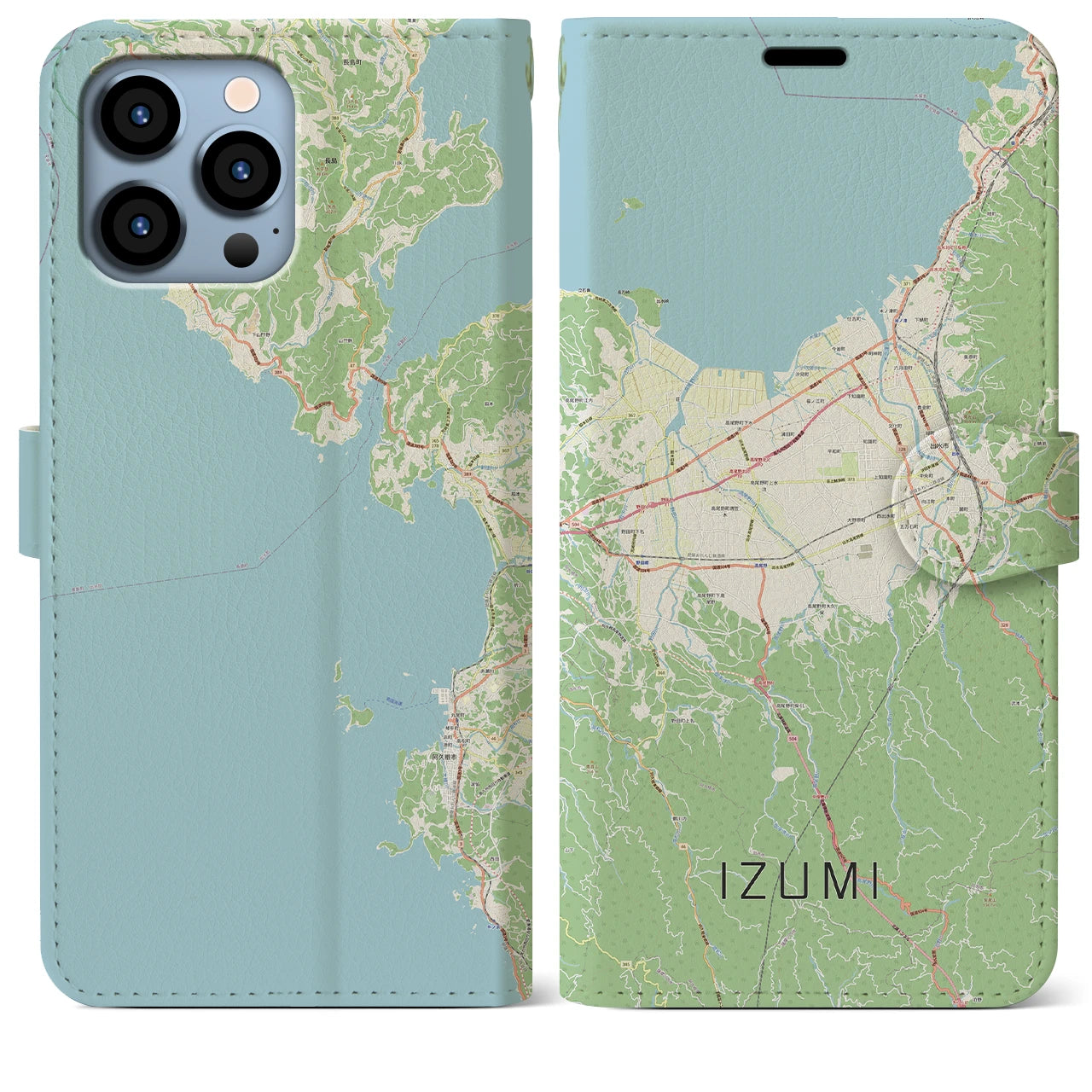 【出水】地図柄iPhoneケース（手帳両面タイプ・ナチュラル）iPhone 13 Pro Max 用