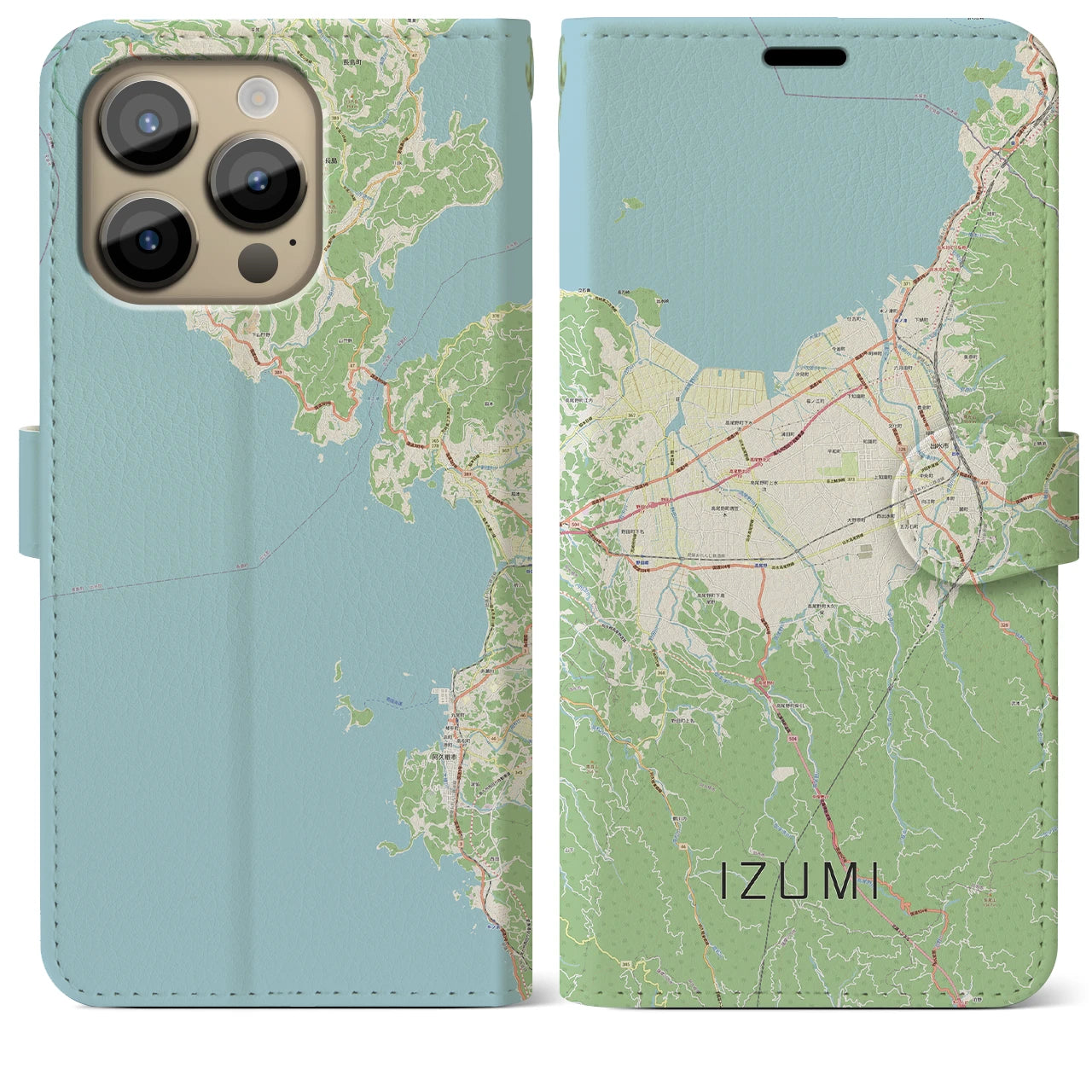 【出水】地図柄iPhoneケース（手帳両面タイプ・ナチュラル）iPhone 14 Pro Max 用