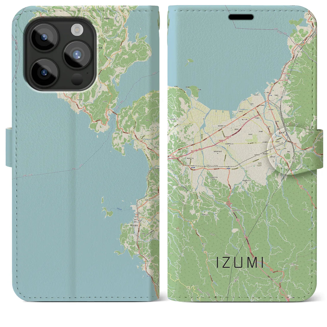 【出水】地図柄iPhoneケース（手帳両面タイプ・ナチュラル）iPhone 15 Pro Max 用