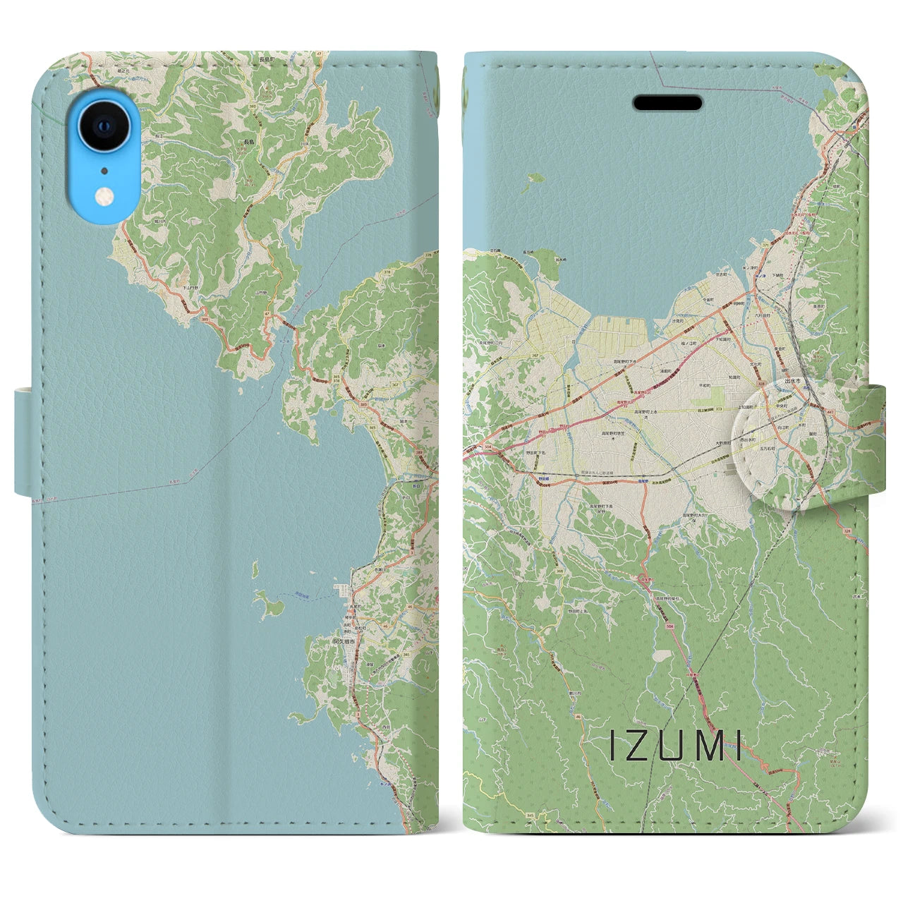 【出水】地図柄iPhoneケース（手帳両面タイプ・ナチュラル）iPhone XR 用