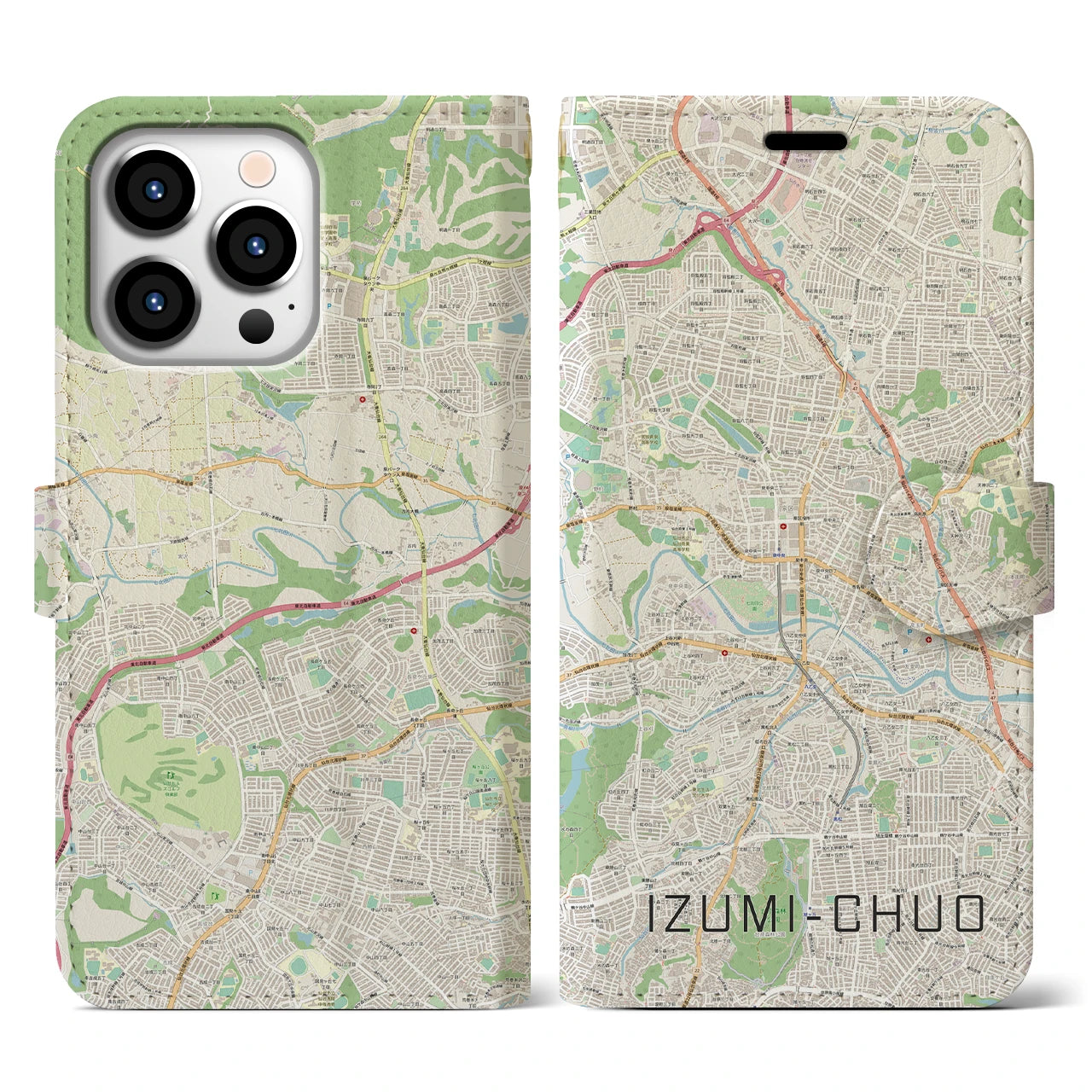 【泉中央】地図柄iPhoneケース（手帳両面タイプ・ナチュラル）iPhone 13 Pro 用