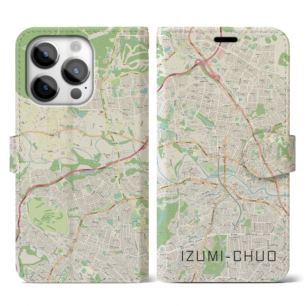 【泉中央】地図柄iPhoneケース（手帳両面タイプ・ナチュラル）iPhone 14 Pro 用