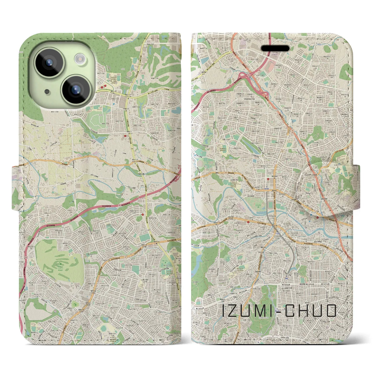 【泉中央】地図柄iPhoneケース（手帳両面タイプ・ナチュラル）iPhone 15 用