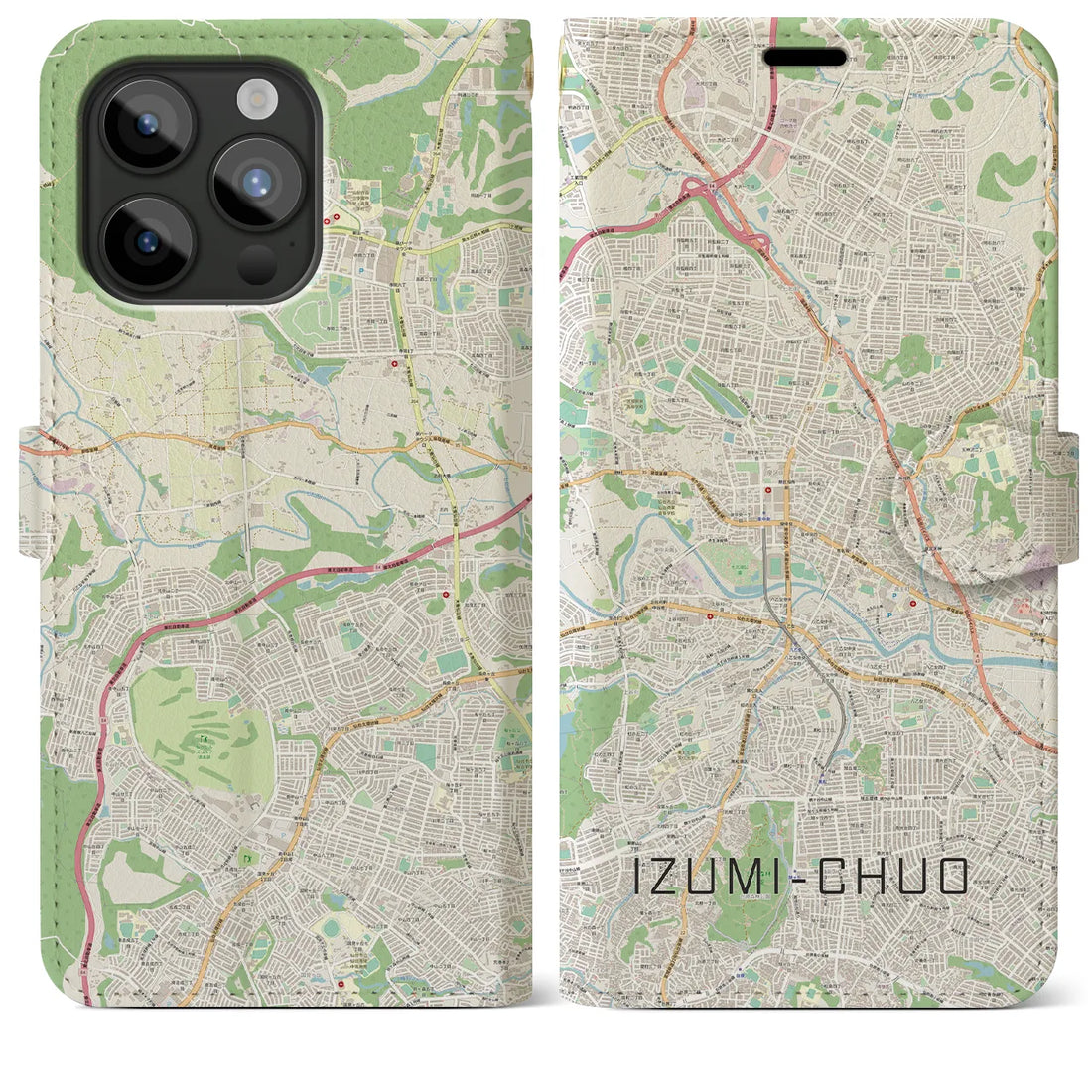 【泉中央】地図柄iPhoneケース（手帳両面タイプ・ナチュラル）iPhone 15 Pro Max 用