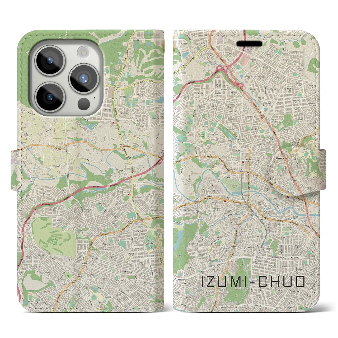 【泉中央】地図柄iPhoneケース（手帳両面タイプ・ナチュラル）iPhone 15 Pro 用