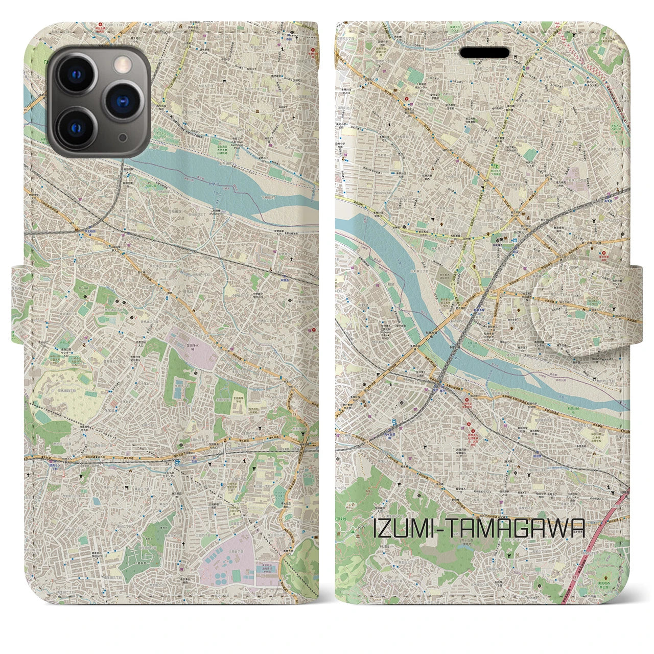 【和泉多摩川】地図柄iPhoneケース（手帳両面タイプ・ナチュラル）iPhone 11 Pro Max 用