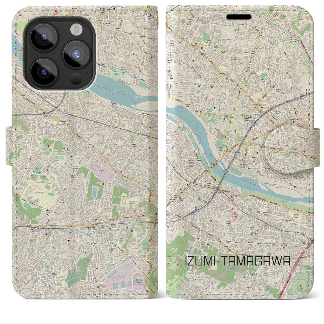 【和泉多摩川】地図柄iPhoneケース（手帳両面タイプ・ナチュラル）iPhone 15 Pro Max 用