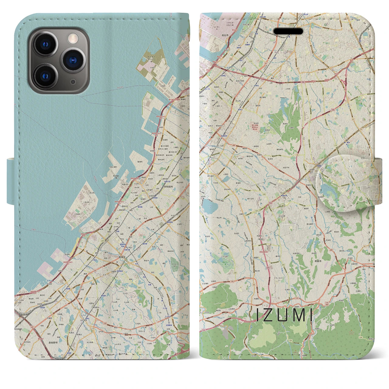 【和泉】地図柄iPhoneケース（手帳両面タイプ・ナチュラル）iPhone 11 Pro Max 用