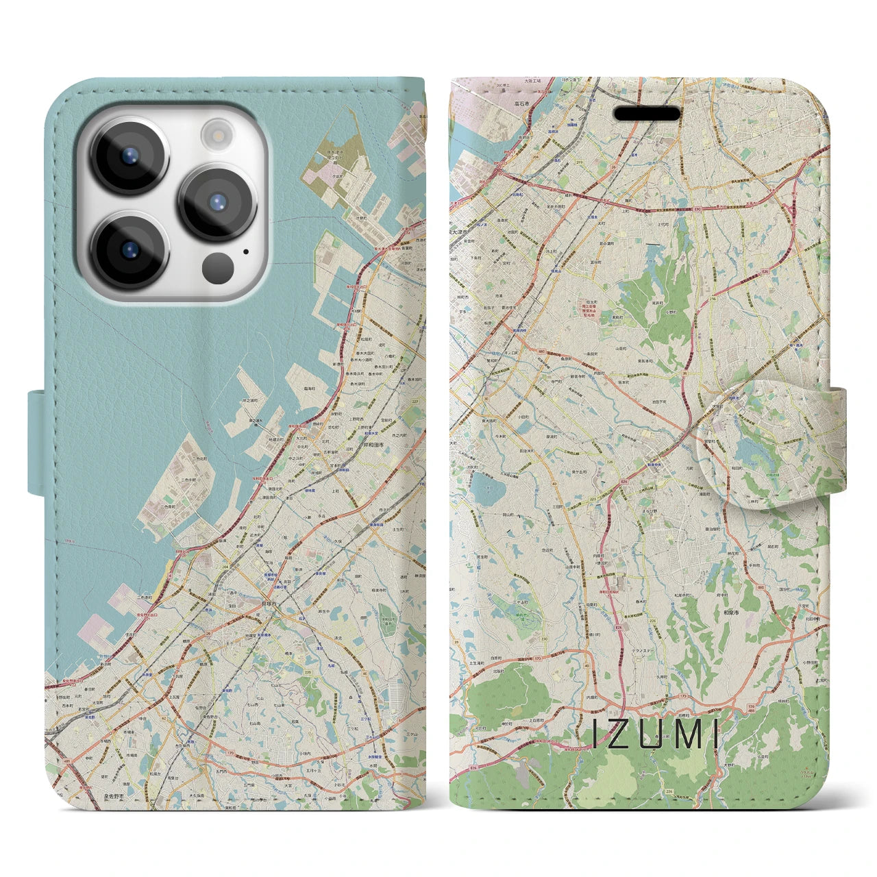 【和泉】地図柄iPhoneケース（手帳両面タイプ・ナチュラル）iPhone 14 Pro 用