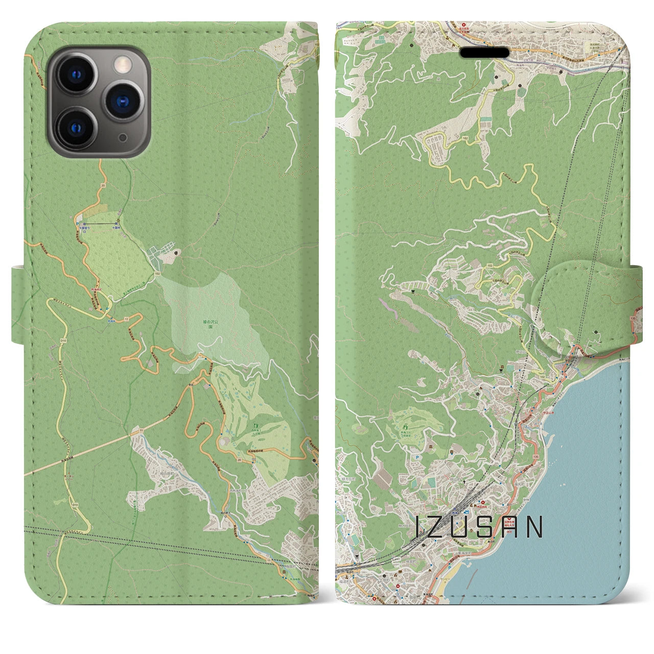 【伊豆山】地図柄iPhoneケース（手帳両面タイプ・ナチュラル）iPhone 11 Pro Max 用