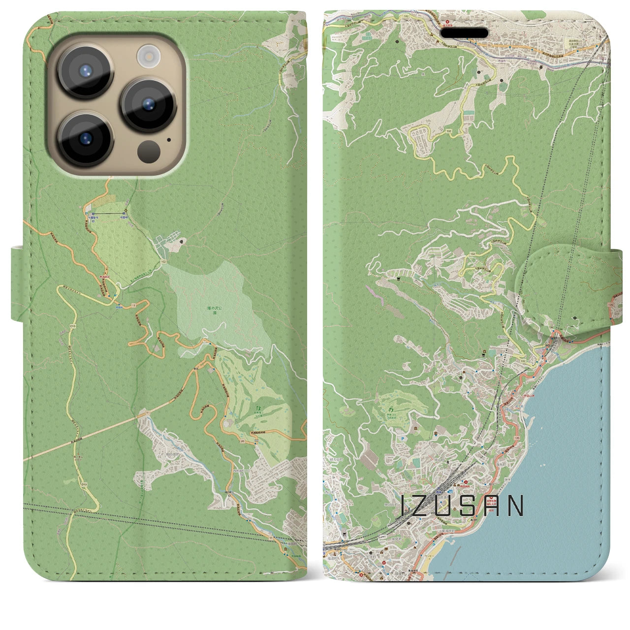 【伊豆山】地図柄iPhoneケース（手帳両面タイプ・ナチュラル）iPhone 14 Pro Max 用