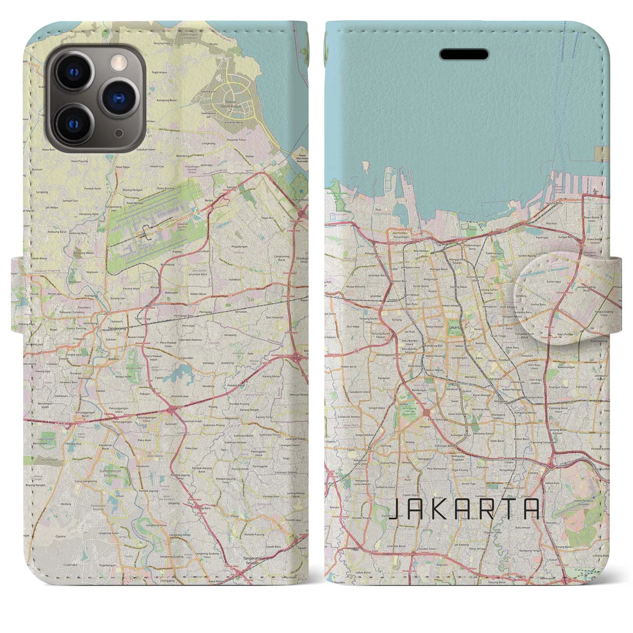 【ジャカルタ】地図柄iPhoneケース（手帳両面タイプ・ナチュラル）iPhone 11 Pro Max 用