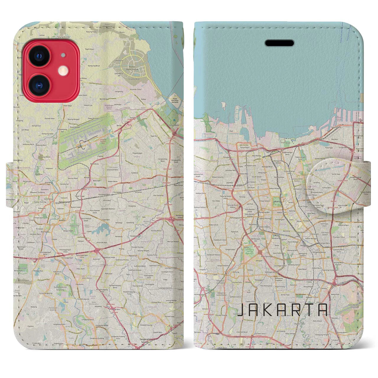 【ジャカルタ】地図柄iPhoneケース（手帳両面タイプ・ナチュラル）iPhone 11 用