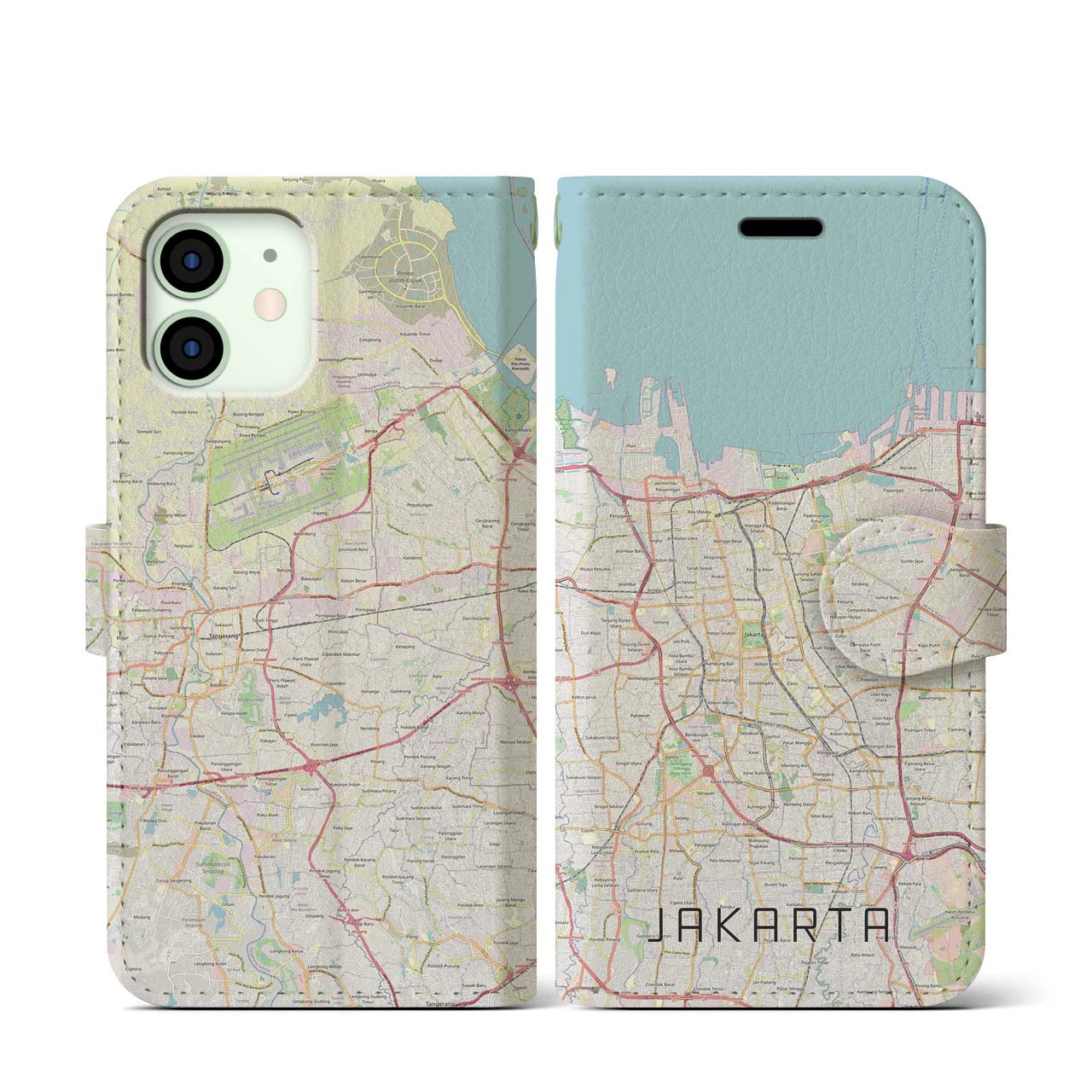 【ジャカルタ】地図柄iPhoneケース（手帳両面タイプ・ナチュラル）iPhone 12 mini 用