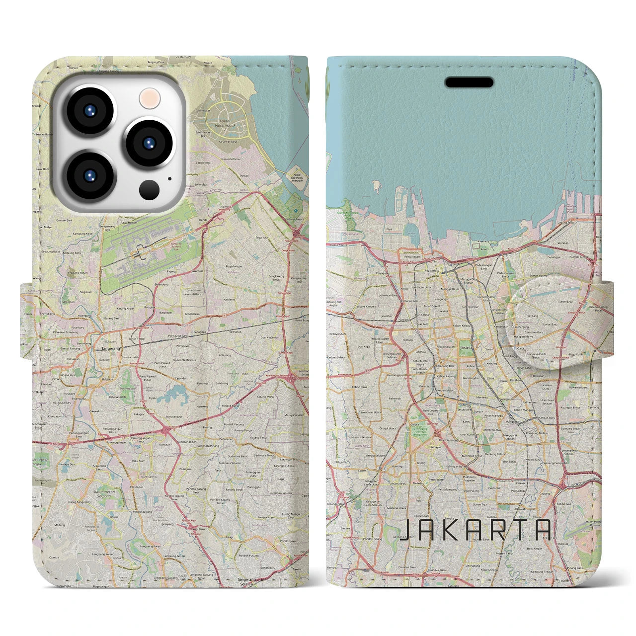 【ジャカルタ】地図柄iPhoneケース（手帳両面タイプ・ナチュラル）iPhone 13 Pro 用