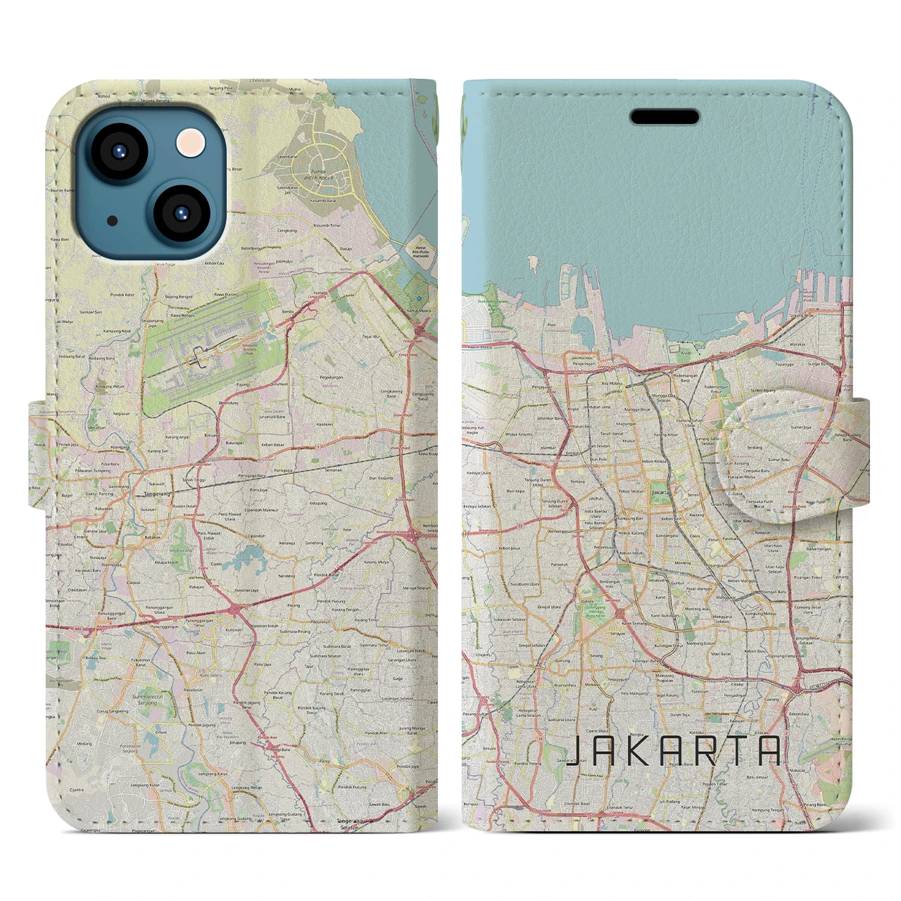 【ジャカルタ】地図柄iPhoneケース（手帳両面タイプ・ナチュラル）iPhone 13 用