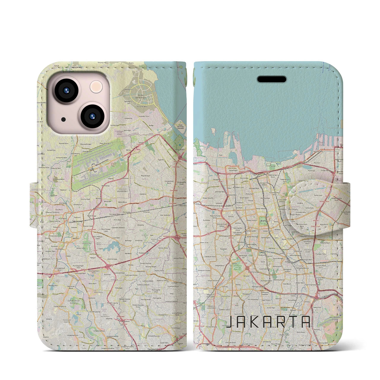 【ジャカルタ】地図柄iPhoneケース（手帳両面タイプ・ナチュラル）iPhone 13 mini 用