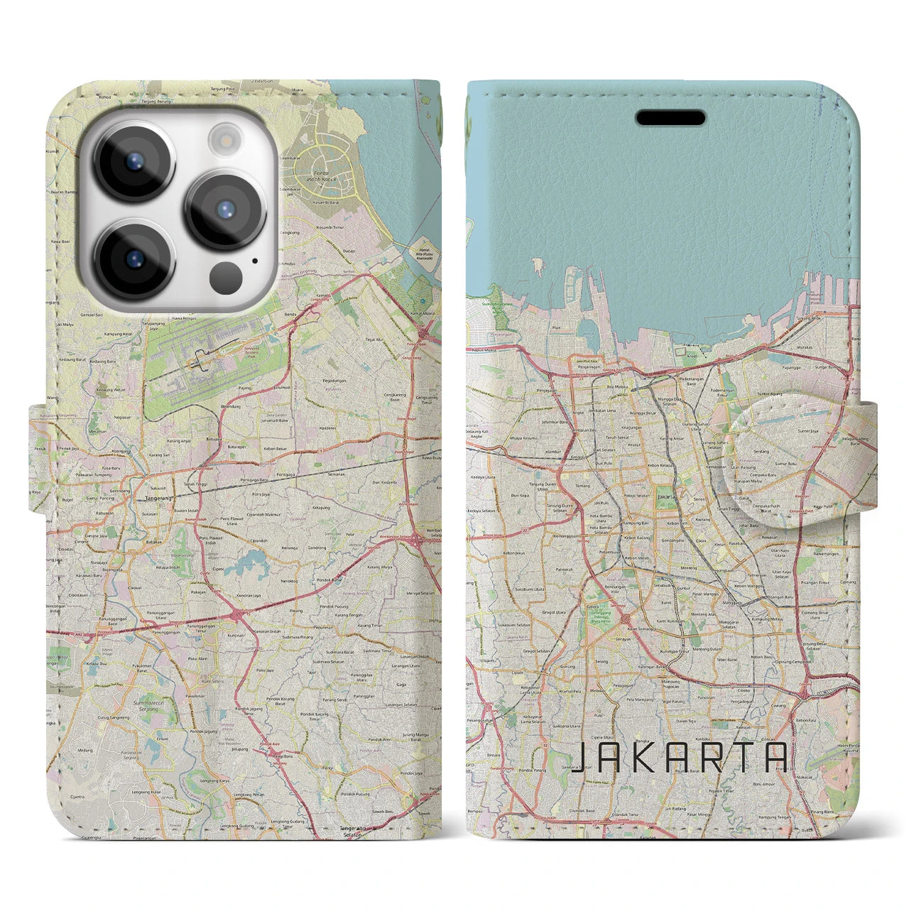 【ジャカルタ】地図柄iPhoneケース（手帳両面タイプ・ナチュラル）iPhone 14 Pro 用