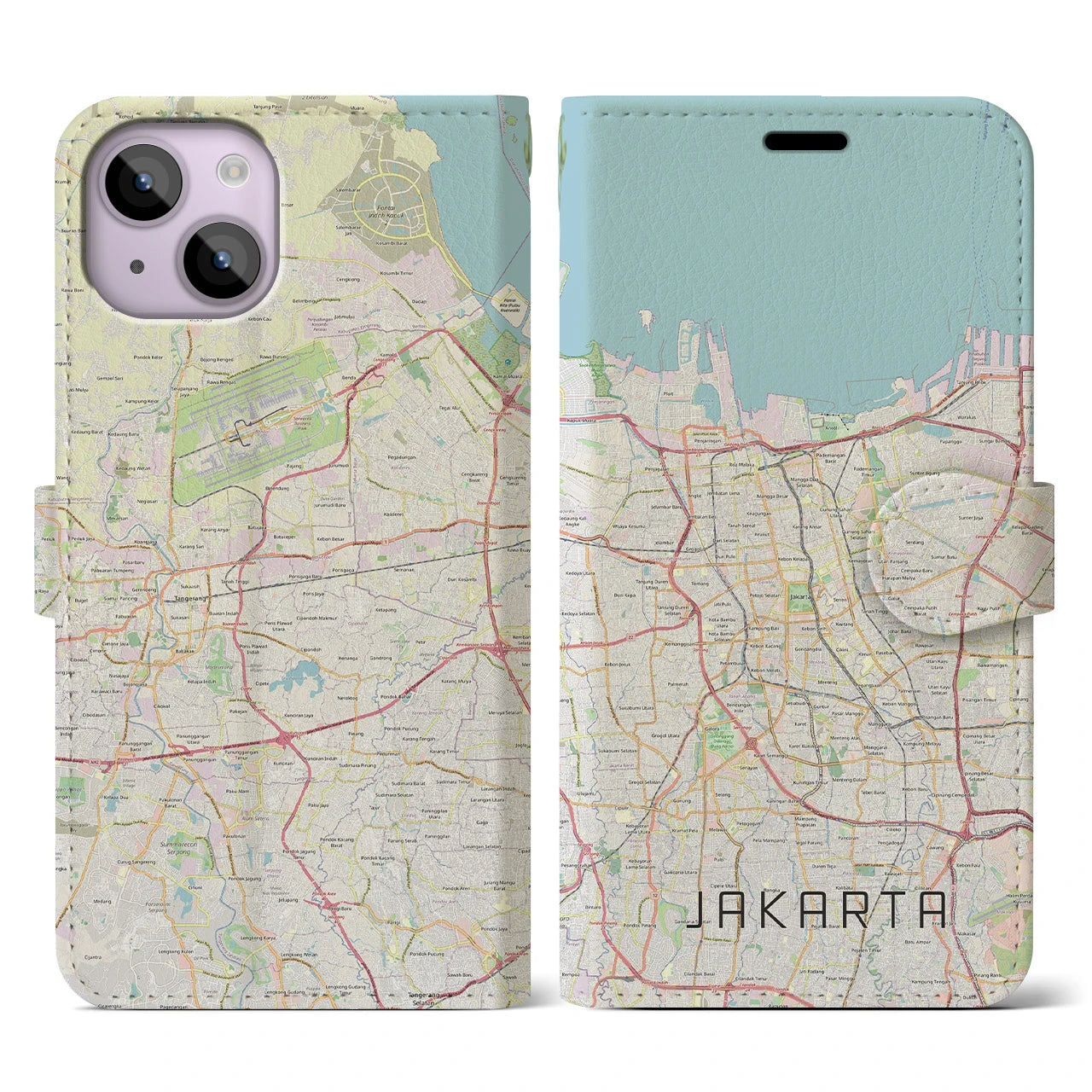 【ジャカルタ】地図柄iPhoneケース（手帳両面タイプ・ナチュラル）iPhone 14 用