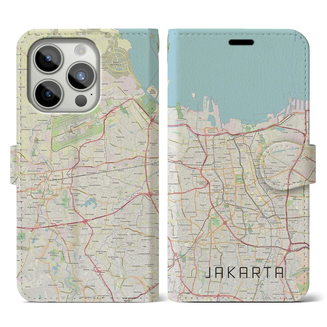 【ジャカルタ】地図柄iPhoneケース（手帳両面タイプ・ナチュラル）iPhone 15 Pro 用