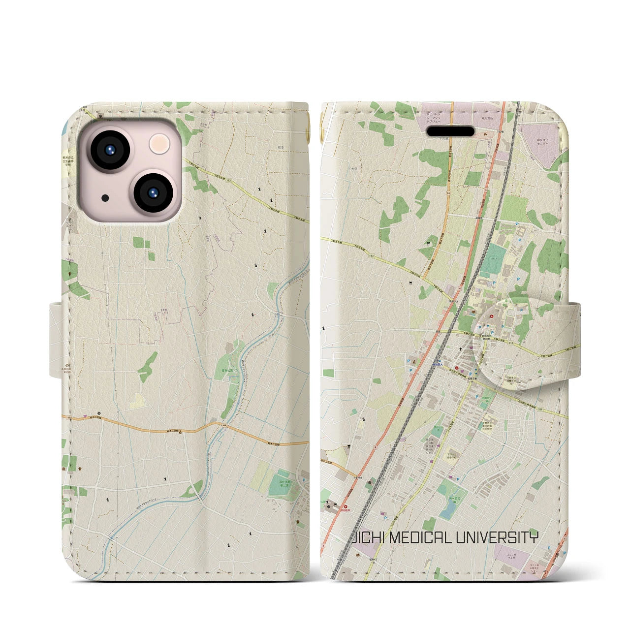 【自治医大】地図柄iPhoneケース（手帳両面タイプ・ナチュラル）iPhone 13 mini 用