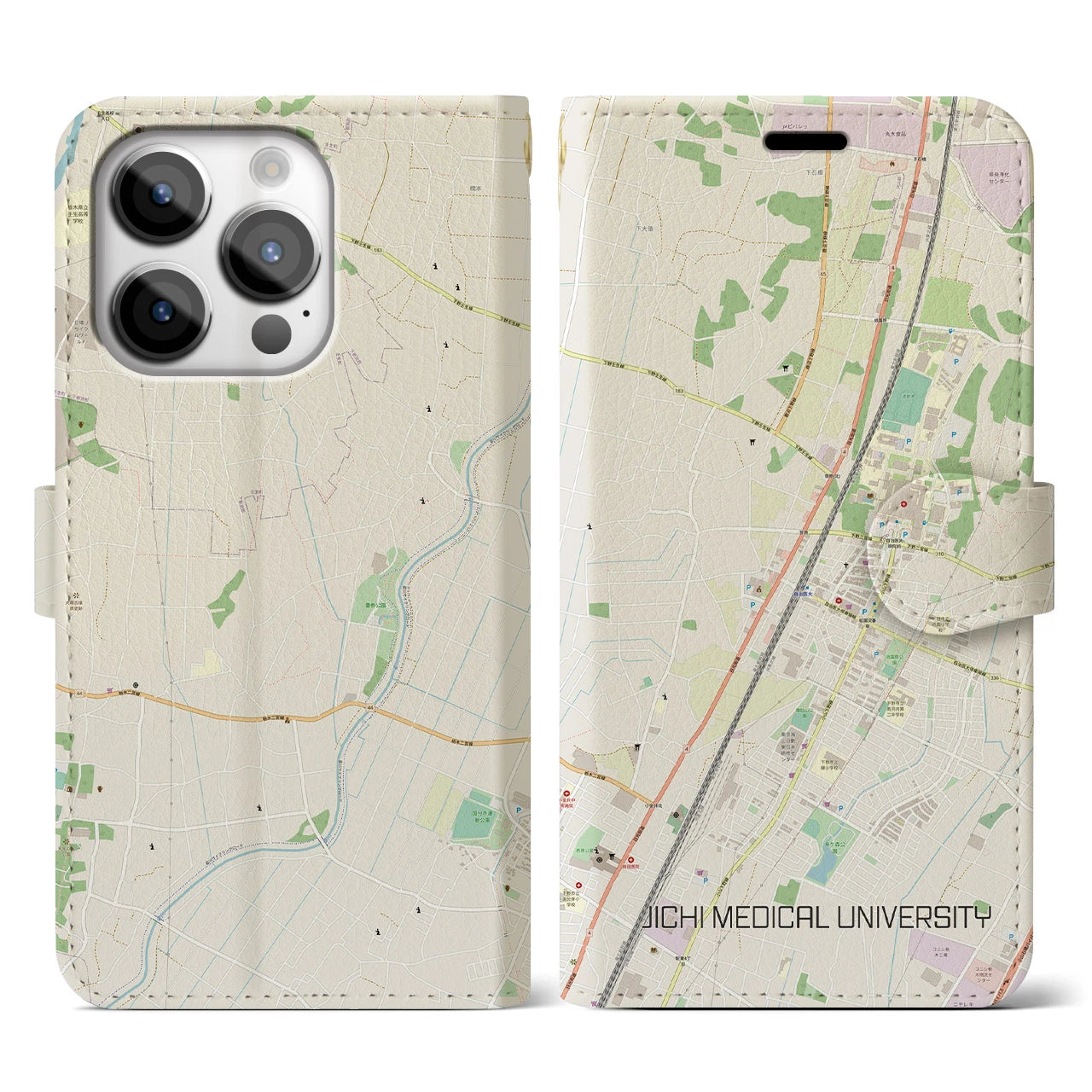 【自治医大】地図柄iPhoneケース（手帳両面タイプ・ナチュラル）iPhone 14 Pro 用