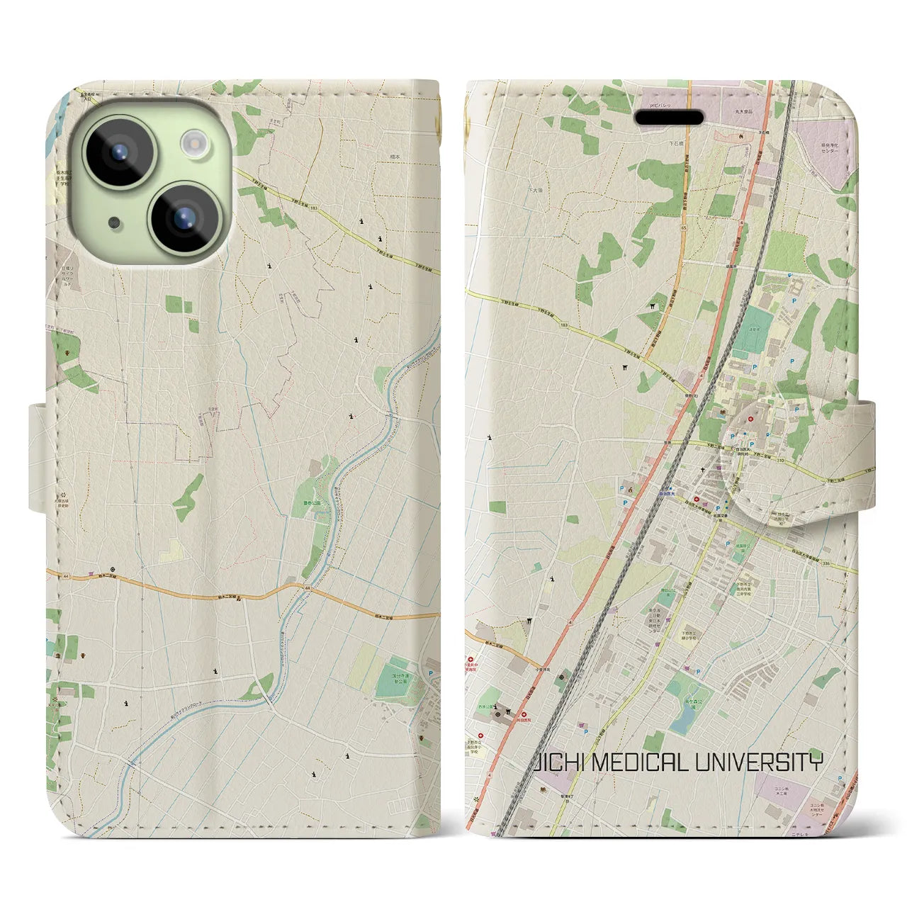 【自治医大】地図柄iPhoneケース（手帳両面タイプ・ナチュラル）iPhone 15 用