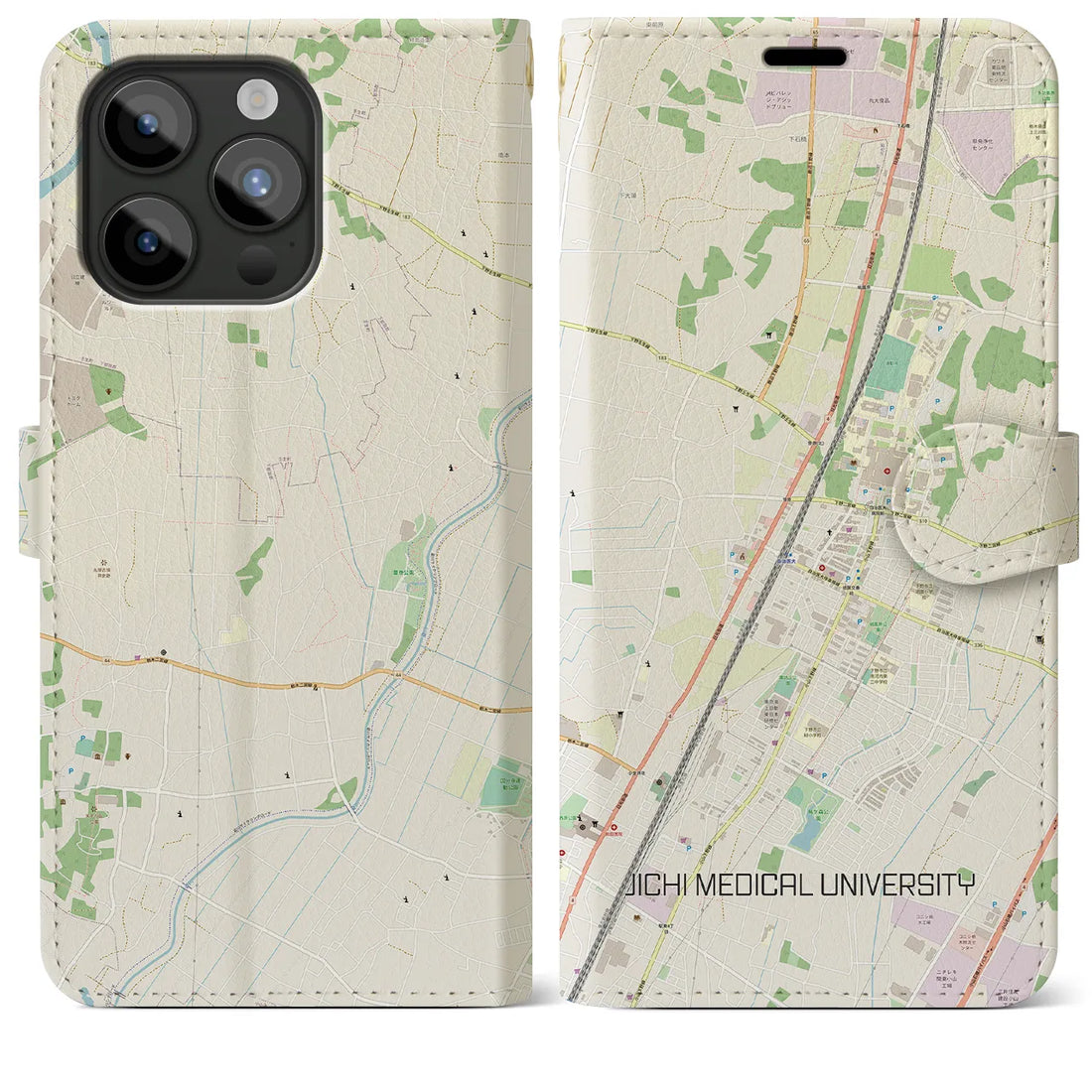 【自治医大】地図柄iPhoneケース（手帳両面タイプ・ナチュラル）iPhone 15 Pro Max 用