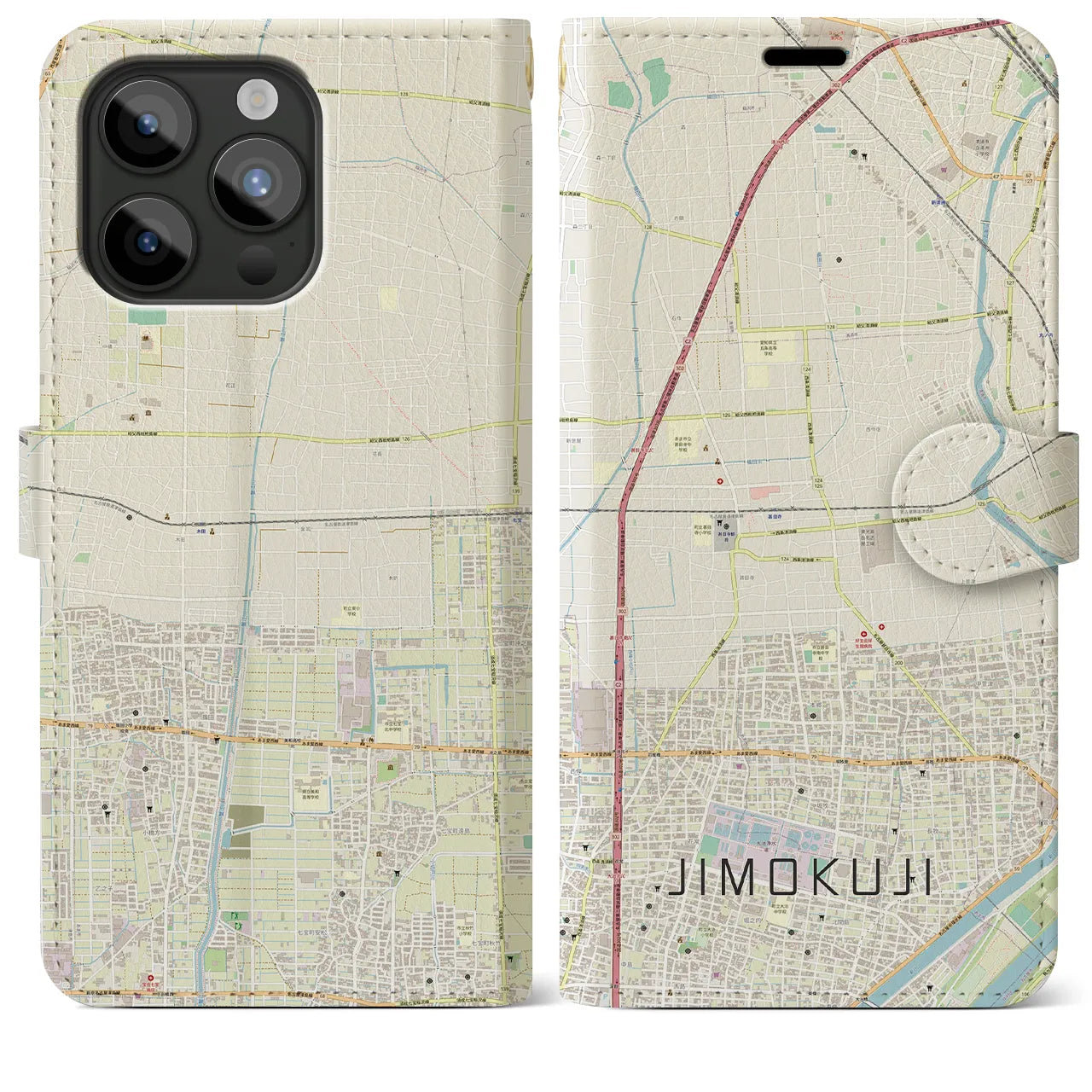 【甚目寺】地図柄iPhoneケース（手帳両面タイプ・ナチュラル）iPhone 15 Pro Max 用