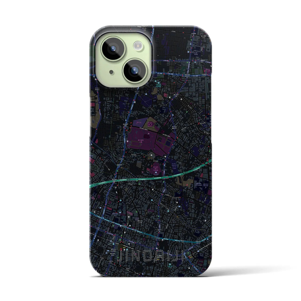 【深大寺】地図柄iPhoneケース（バックカバータイプ・ブラック）iPhone 15 用