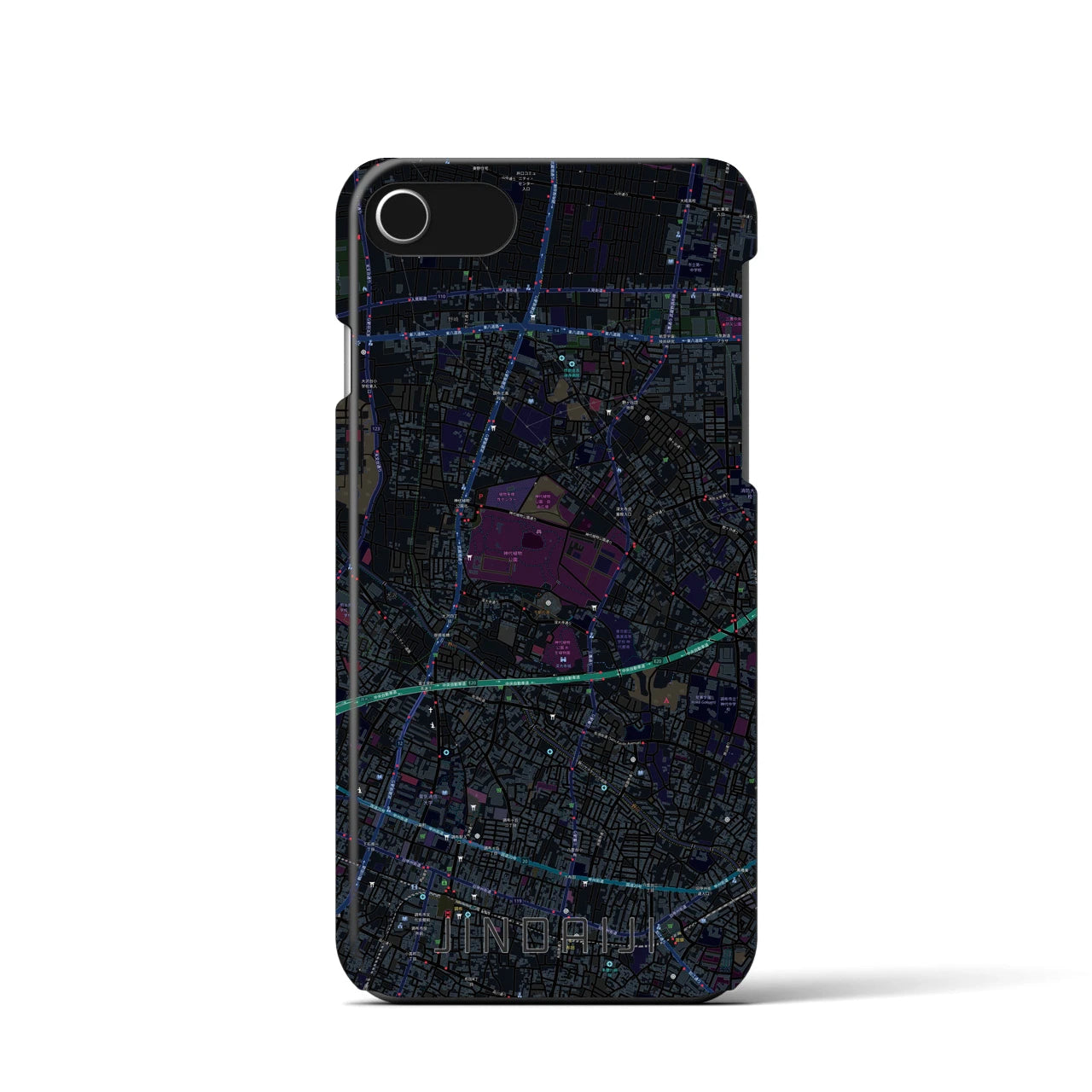 【深大寺】地図柄iPhoneケース（バックカバータイプ・ブラック）iPhone SE（第3 / 第2世代） / 8 / 7 / 6s / 6 用