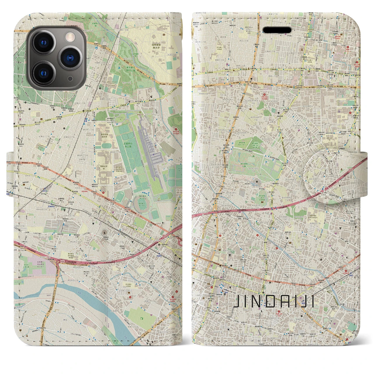 【深大寺】地図柄iPhoneケース（手帳両面タイプ・ナチュラル）iPhone 11 Pro Max 用