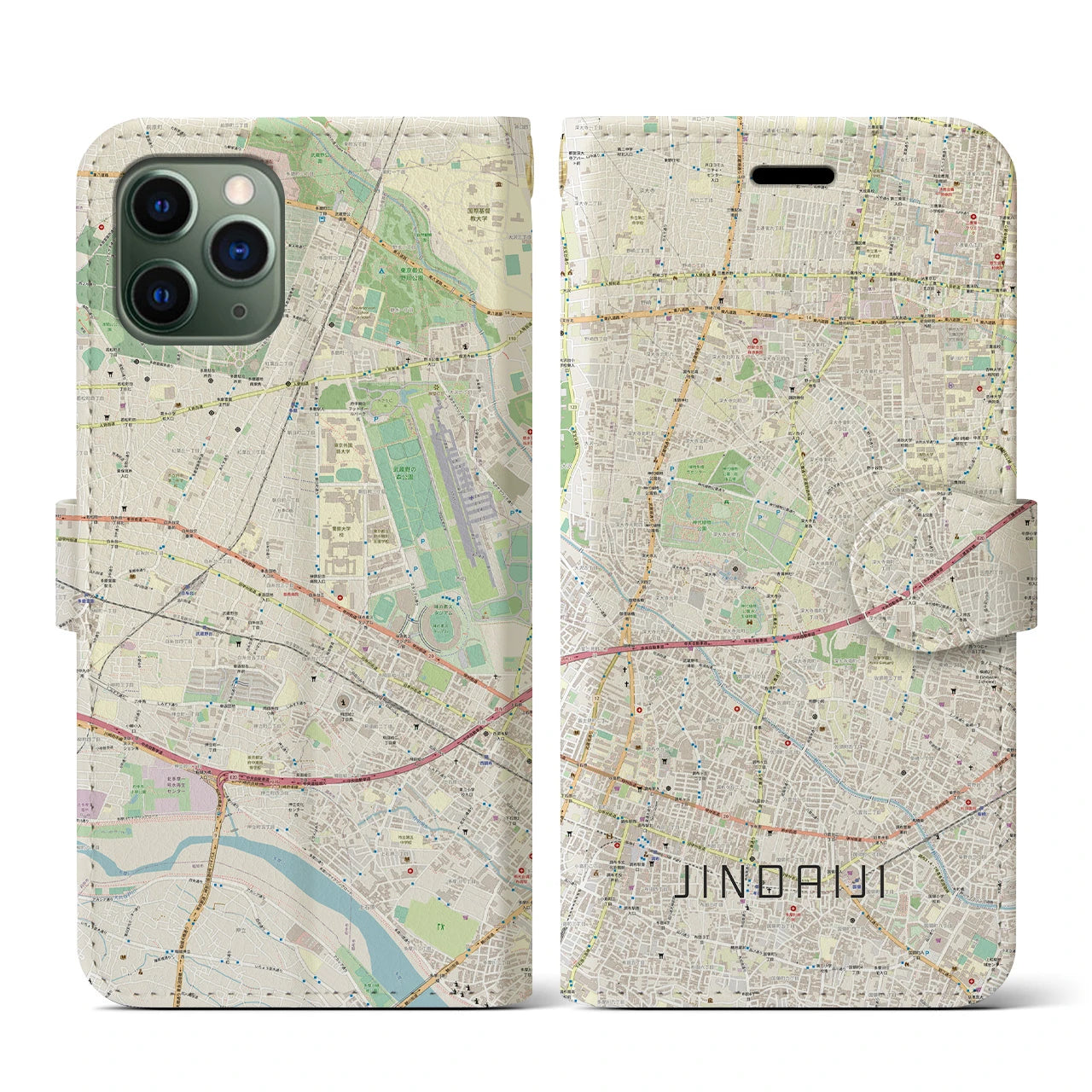 【深大寺】地図柄iPhoneケース（手帳両面タイプ・ナチュラル）iPhone 11 Pro 用