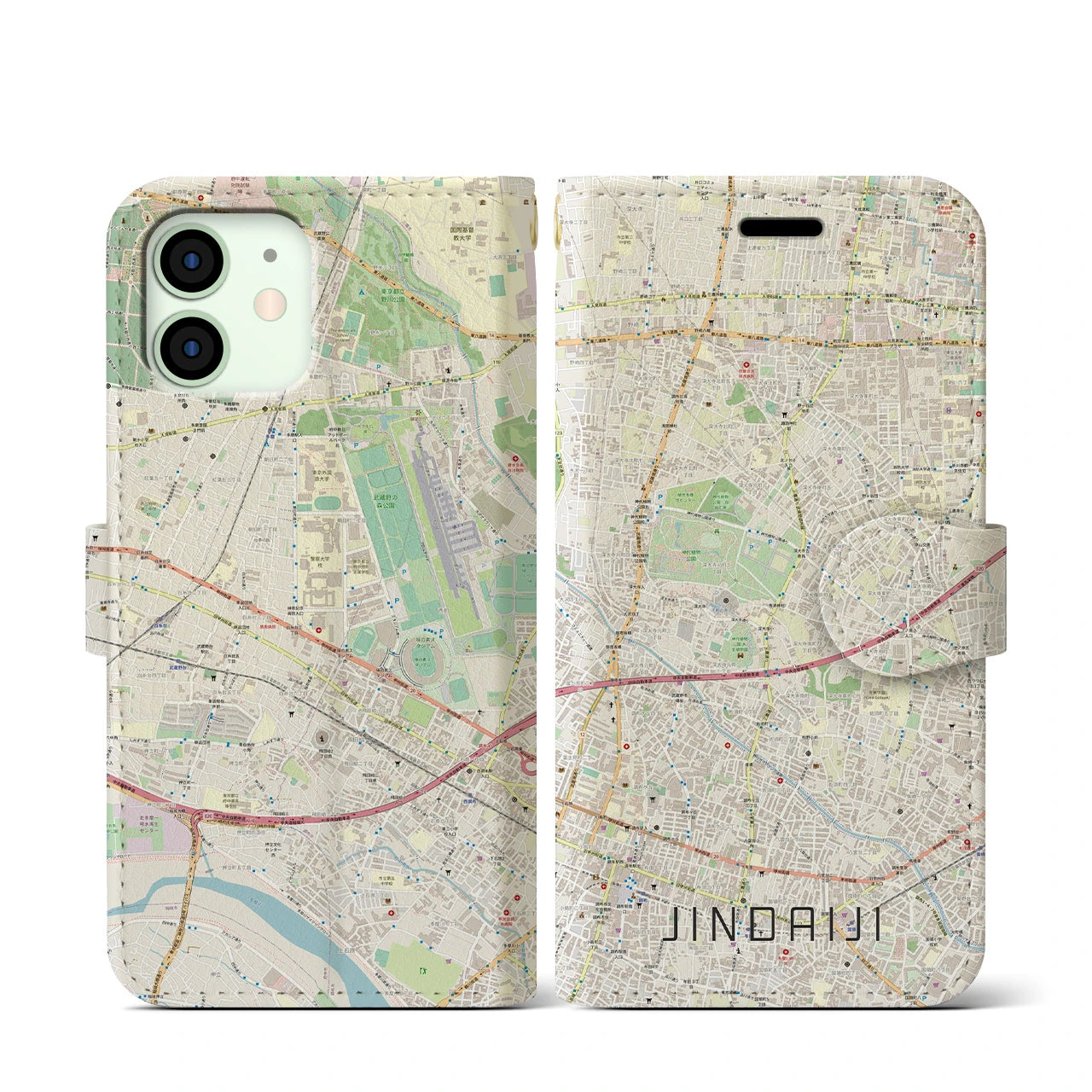 【深大寺】地図柄iPhoneケース（手帳両面タイプ・ナチュラル）iPhone 12 mini 用