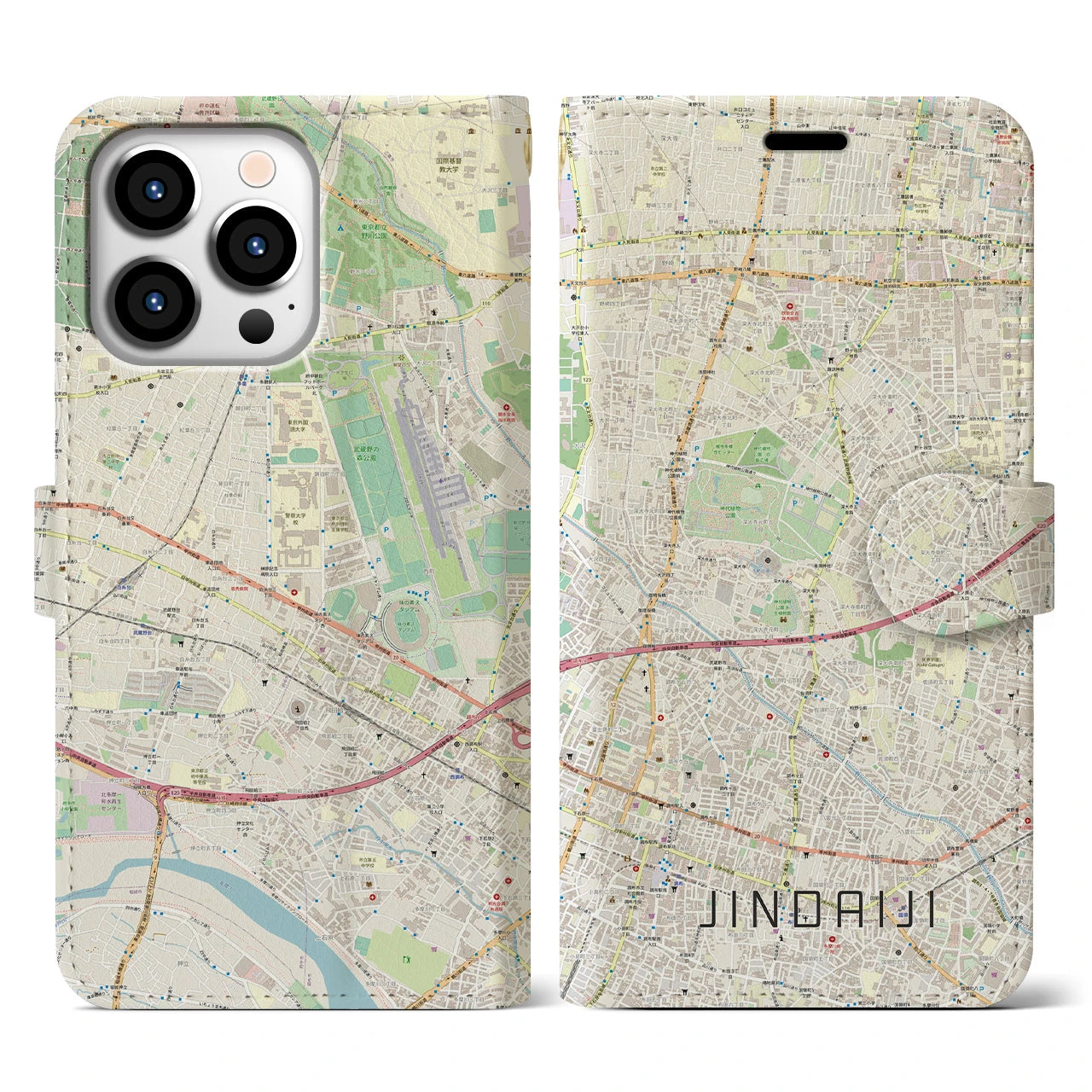 【深大寺】地図柄iPhoneケース（手帳両面タイプ・ナチュラル）iPhone 13 Pro 用